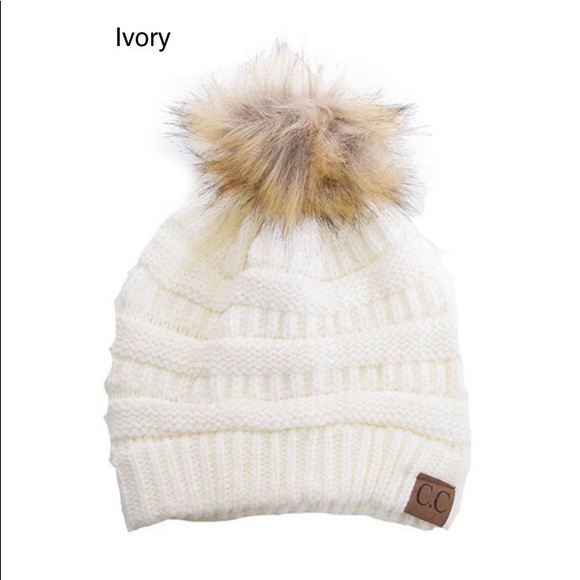 Ivory CC Knit Beanie with Faux Fur Pom - Picture 1 of 3